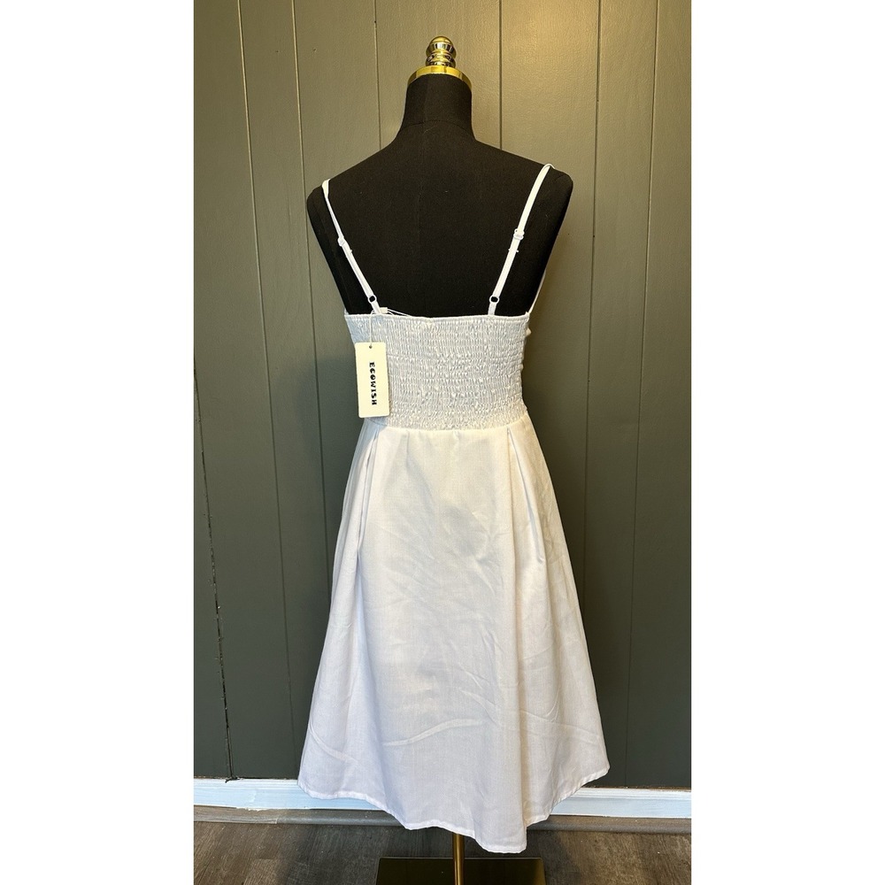NWT Ecowish Summer Dress White Tie Front V Neck A Line‎ Swing Midi Dress S Small - Picture 7 of 7